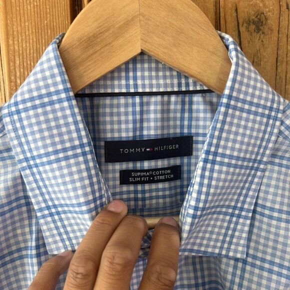 Tommy Hilfiger Large (16 1/2 / 34/35) Blue White Checked Long Sleeve Button Fron - Picture 5 of 9